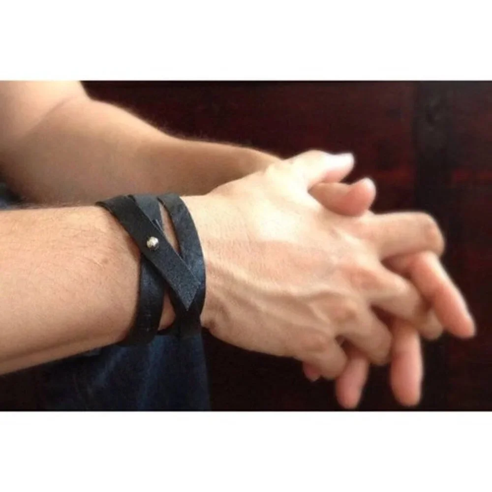 Black Leather Triple Wrap Bracelet with Silvertone Stud Closure
